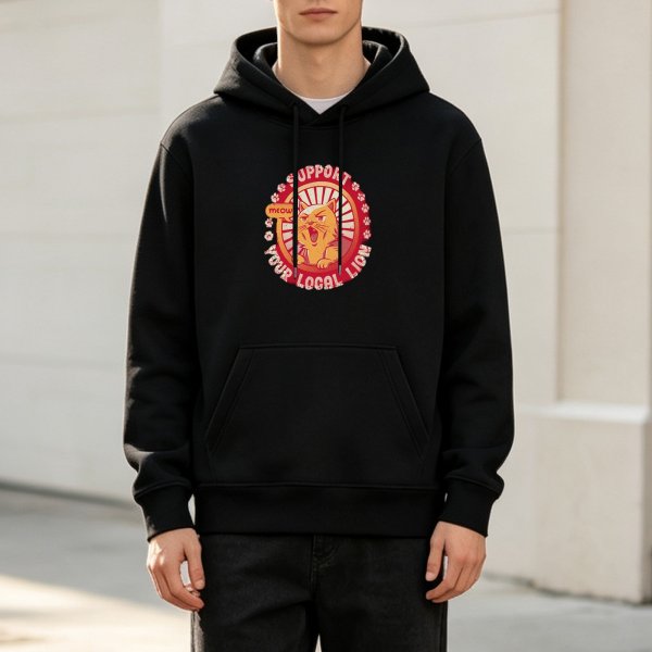 Black hoodie with 'Support Your Local Lion' cat graphic