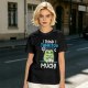 Olive t-shirt with 'I think I think too much' anxious frog print