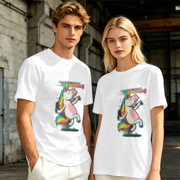 Olive T-shirt with Dancing Rainbow Unicorn Graphic Print