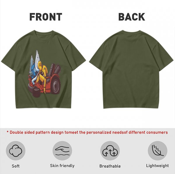 Olive T-Shirt With Cartoon Robot And Winged Vehicle Graphic