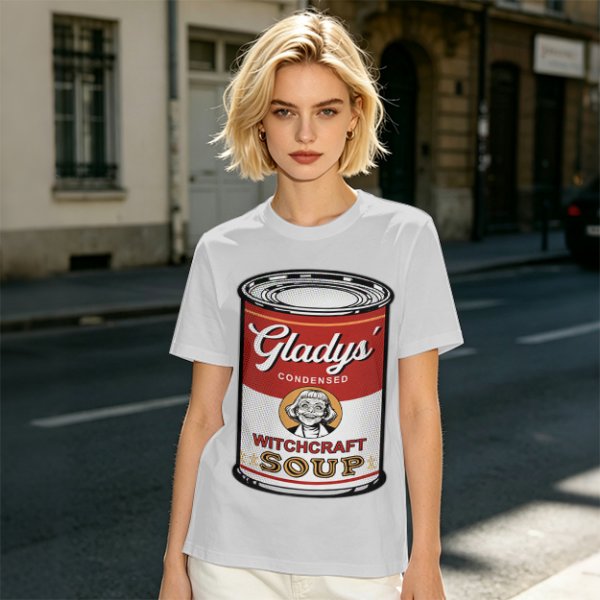 Olive T-Shirt With Gladys' Witchcraft Soup Can Graphic