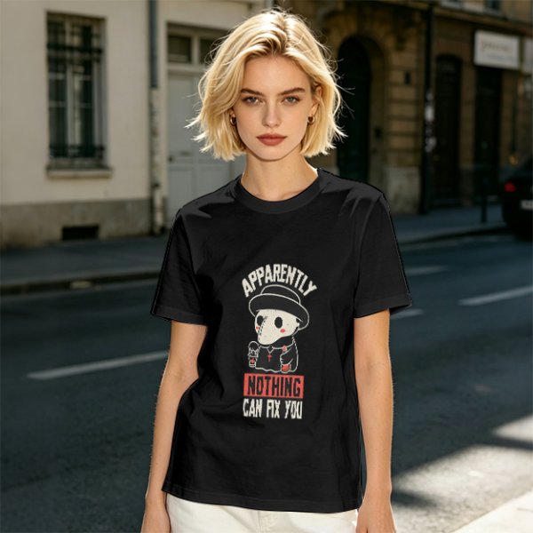 Olive T-Shirt With Cute Plague Doctor Graphic And 'Apparently Nothing Can Fix You' Text