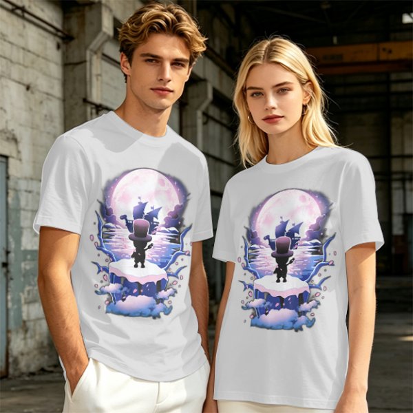Olive T-Shirt With Moonlit Pirate Ship And Silhouette Figure Print