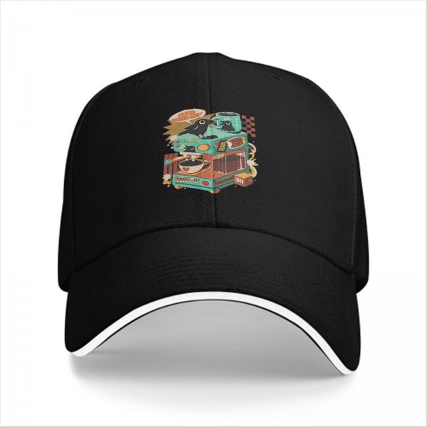 Black Baseball Cap With Retro Crow Coffee Machine Graphic