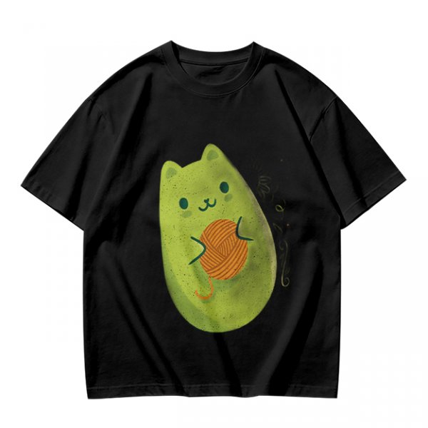 Olive Green T-Shirt With Cute Avocado Cat Holding Yarn Ball Print