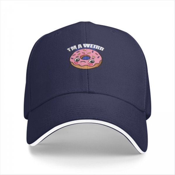 Black baseball cap with sad donut graphic and 'I'M A WEIRD' text