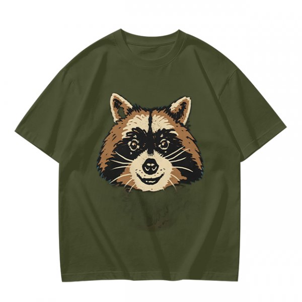 Olive Green T-Shirt With Smiling Raccoon Graphic Print