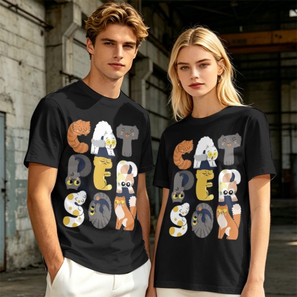Olive T-Shirt With Cute Cat Letter Graphic Design