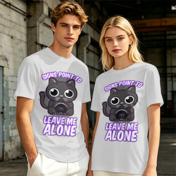 Olive t-shirt with a black cat holding a magic 8 ball and text 'Signs Point To Leave Me Alone'