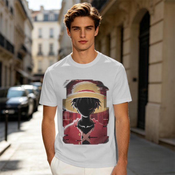 Olive T-shirt with Glitch Art Monkey D Luffy Straw Hat Print