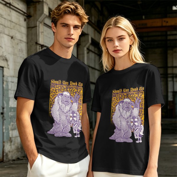 Olive graphic tee with maze and fantasy creatures reading Should You Need Us