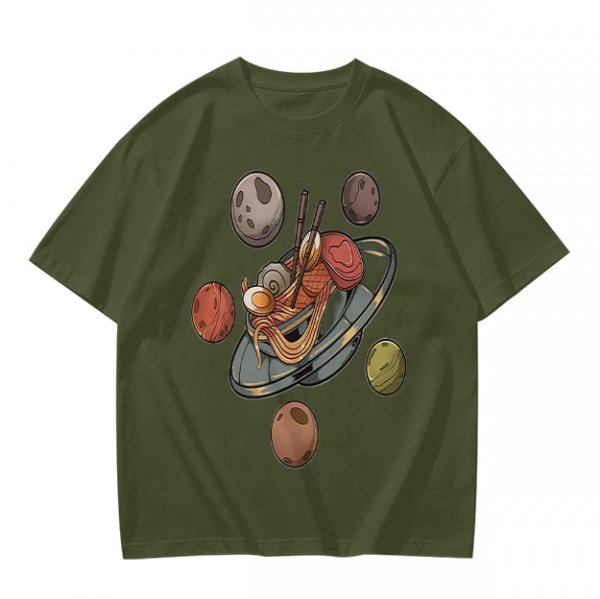 Olive green t-shirt with ramen planet space graphic print