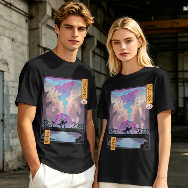 Olive T-shirt with Cyberpunk City Bridge Character Art Print