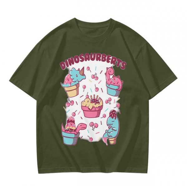Olive T-Shirt With Cute Dinosaur Ice Cream Graphic Print