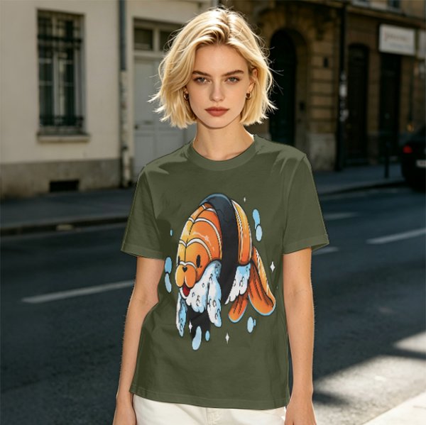 Olive T-Shirt With Cute Clownfish Sushi Graphic Print