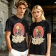 Olive T-shirt with a cat warrior riding a flying cloud graphic