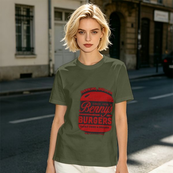 Olive green t-shirt with Benny's Burgers Hawkins Indiana graphic