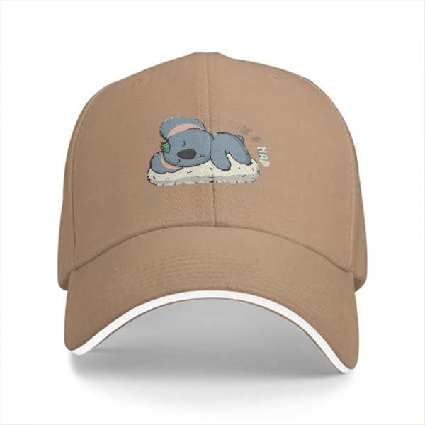 Black baseball cap with sleeping koala and 'nap' graphic