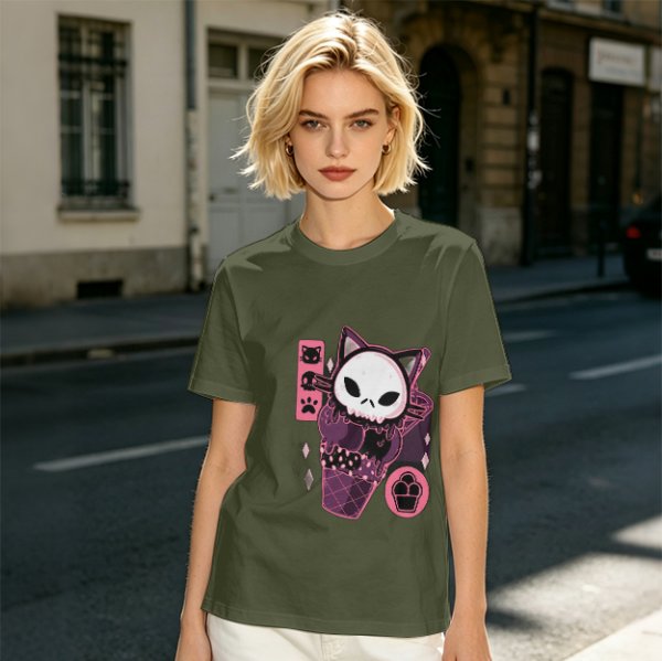 Olive T-Shirt with Skull Cat Ice Cream Graphic Print