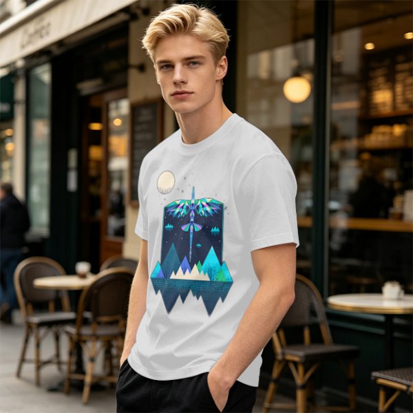 Olive T-Shirt With Geometric Dragonfly Mountain Night Scene Print