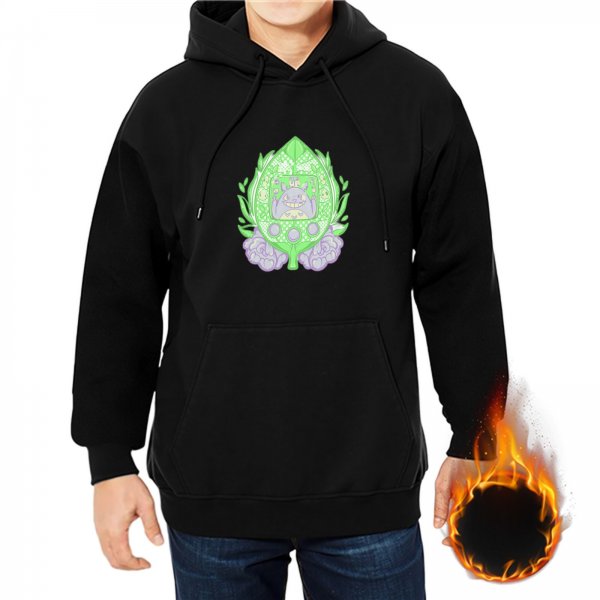 Black hoodie with green leaf and purple creature graphic