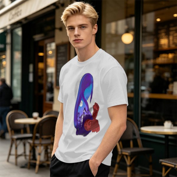 Olive T-Shirt With Purple Haired Figure Night Scene Print