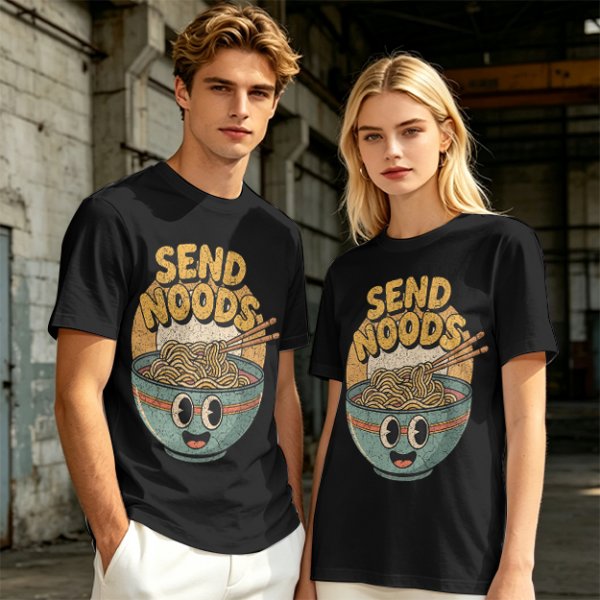 Olive Green T-Shirt With Retro Send Noods Ramen Bowl Graphic