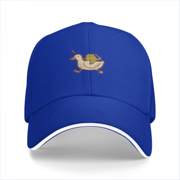 Black baseball cap with frog riding duck holding swords graphic