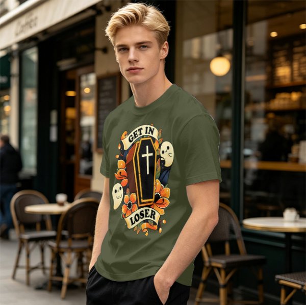 Olive Halloween T-Shirt with Get In Loser Coffin Ghost Floral Art