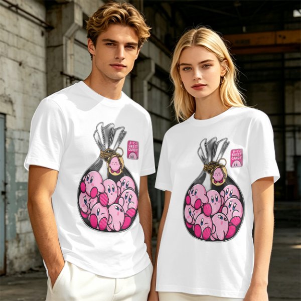 Olive T-Shirt With Cute Kirby Candy Bag Graphic