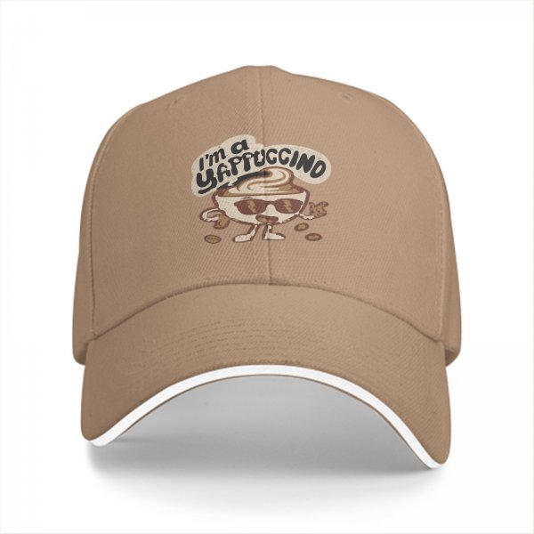 Black baseball cap with 'I'm a Yappuccino' coffee cartoon graphic