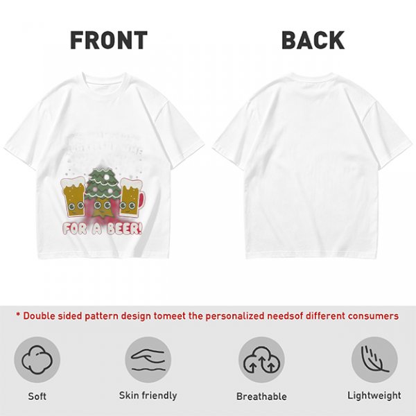 Olive green Christmas beer graphic t-shirt with 'FOR A BEER!' text