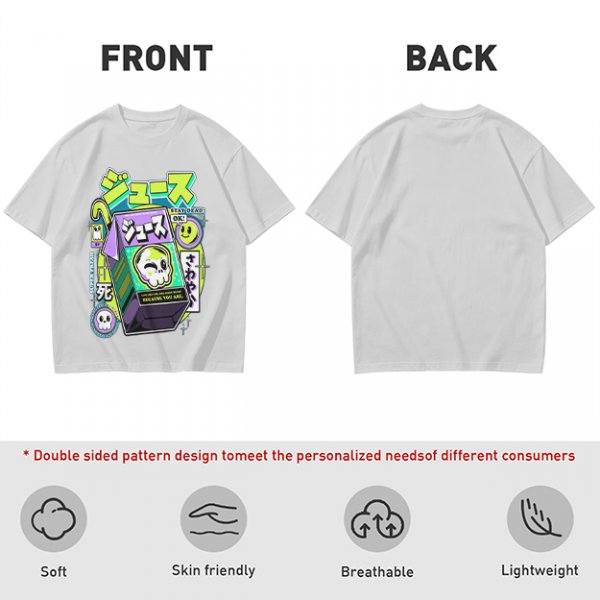 Olive T-shirt with spooky juice box graphic and playful skull art