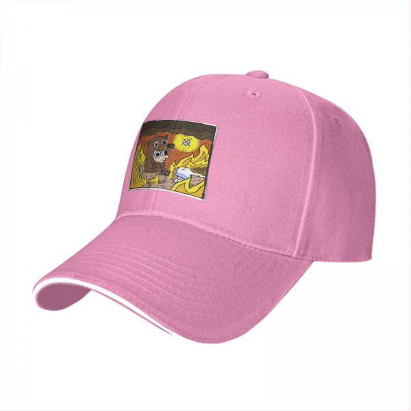 Black baseball cap with cartoon bear costume character in fiery cave print