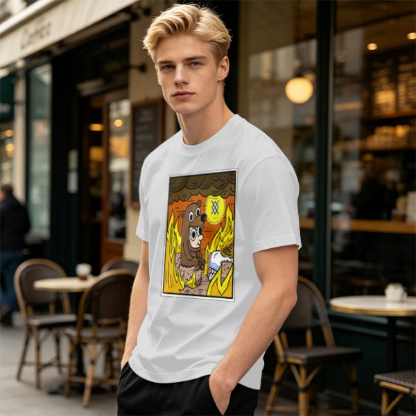 Olive T-shirt with Cartoon Bear Costume Figure in Flames Art