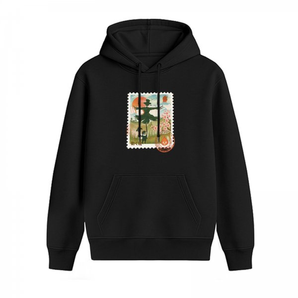 Black hoodie with whimsical stamp-style fantasy artwork print