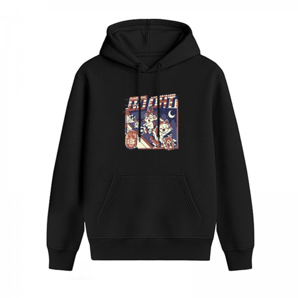 Black hoodie with retro cartoon animal skateboarding graphic