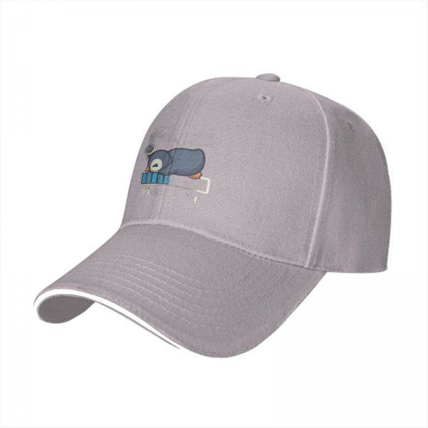 Black baseball cap with sleepy penguin low battery graphic