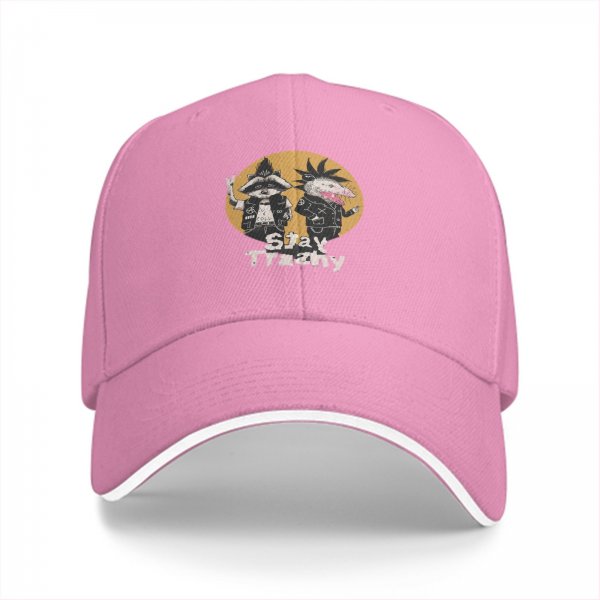 Black baseball cap with 'Stay Trashy' raccoon and opossum punk graphic