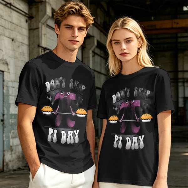 Don't Skip Pi Day T-Shirt with Lifting Pi Character Holding Pies