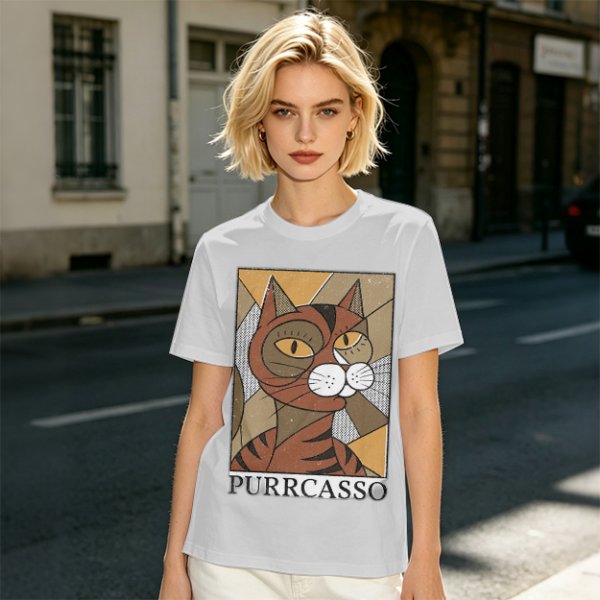 Olive green t-shirt with cubist style cat print and Purrcasso text