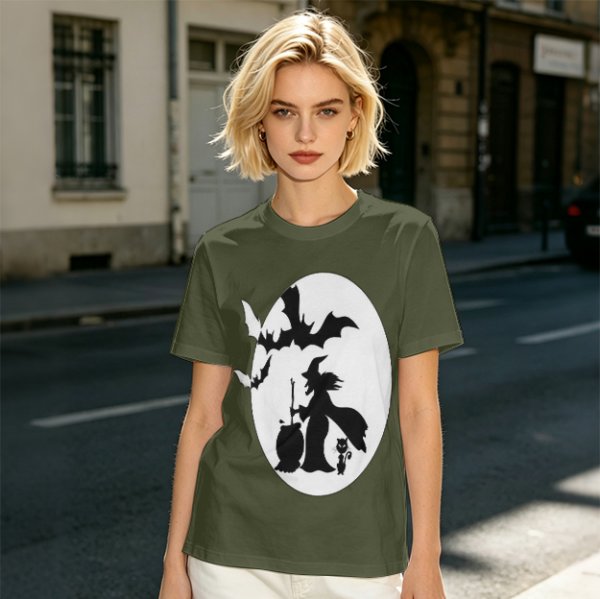 Olive Halloween Witch Silhouette Graphic Short Sleeve T-Shirt