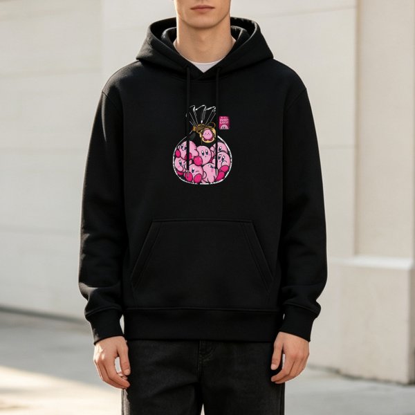Black hoodie with a drawstring bag full of pink Kirby characters