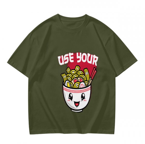 Olive T-Shirt With Cute Ramen Bowl Graphic And 'Use Your' Text