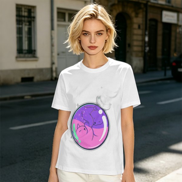 Olive T-shirt with Sleeping Cats in Colorful Bubble Graphic