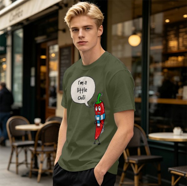 Olive green t-shirt with funny 'I'm a little chili' cartoon chili print