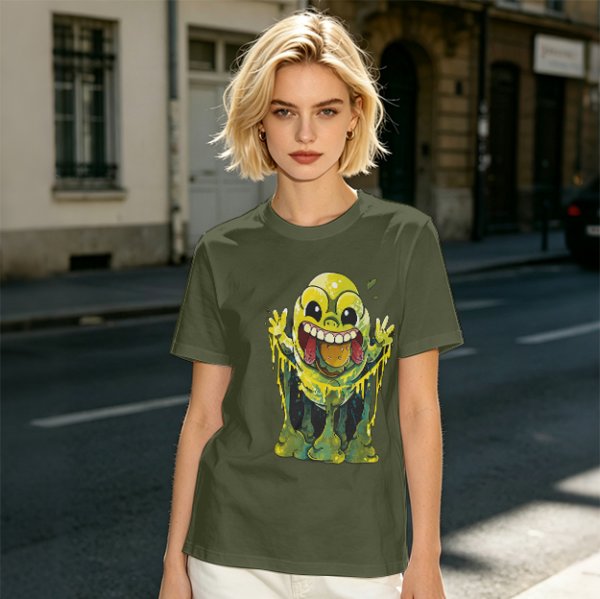 Olive T-Shirt With Playful Green Slime Monster Graphic