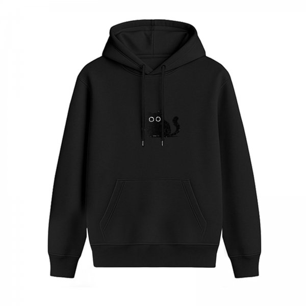 Black Hoodie with Cute Surprised Black Cat Graphic