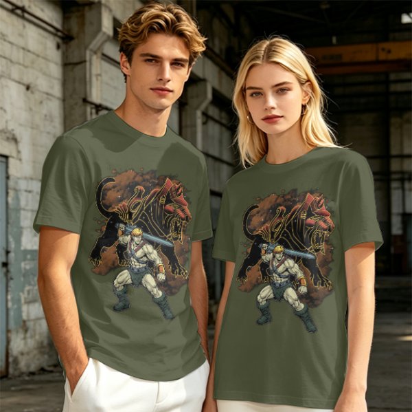 Olive T-shirt with He-Man and Battle Cat Graphic