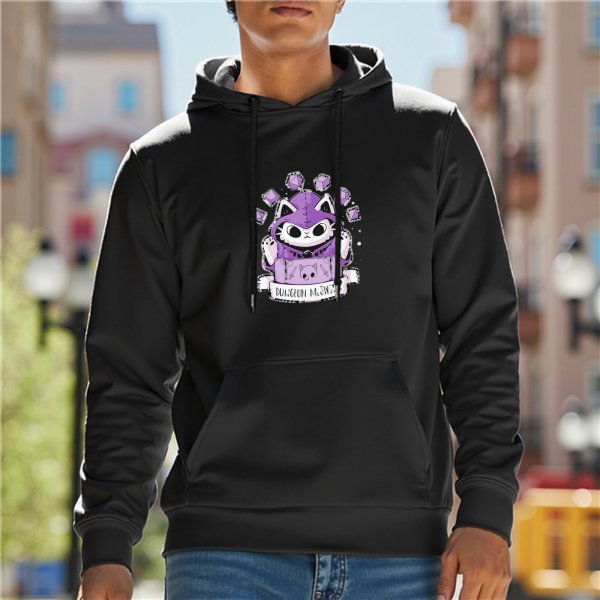 Black hoodie with purple cat wizard graphic and banner design